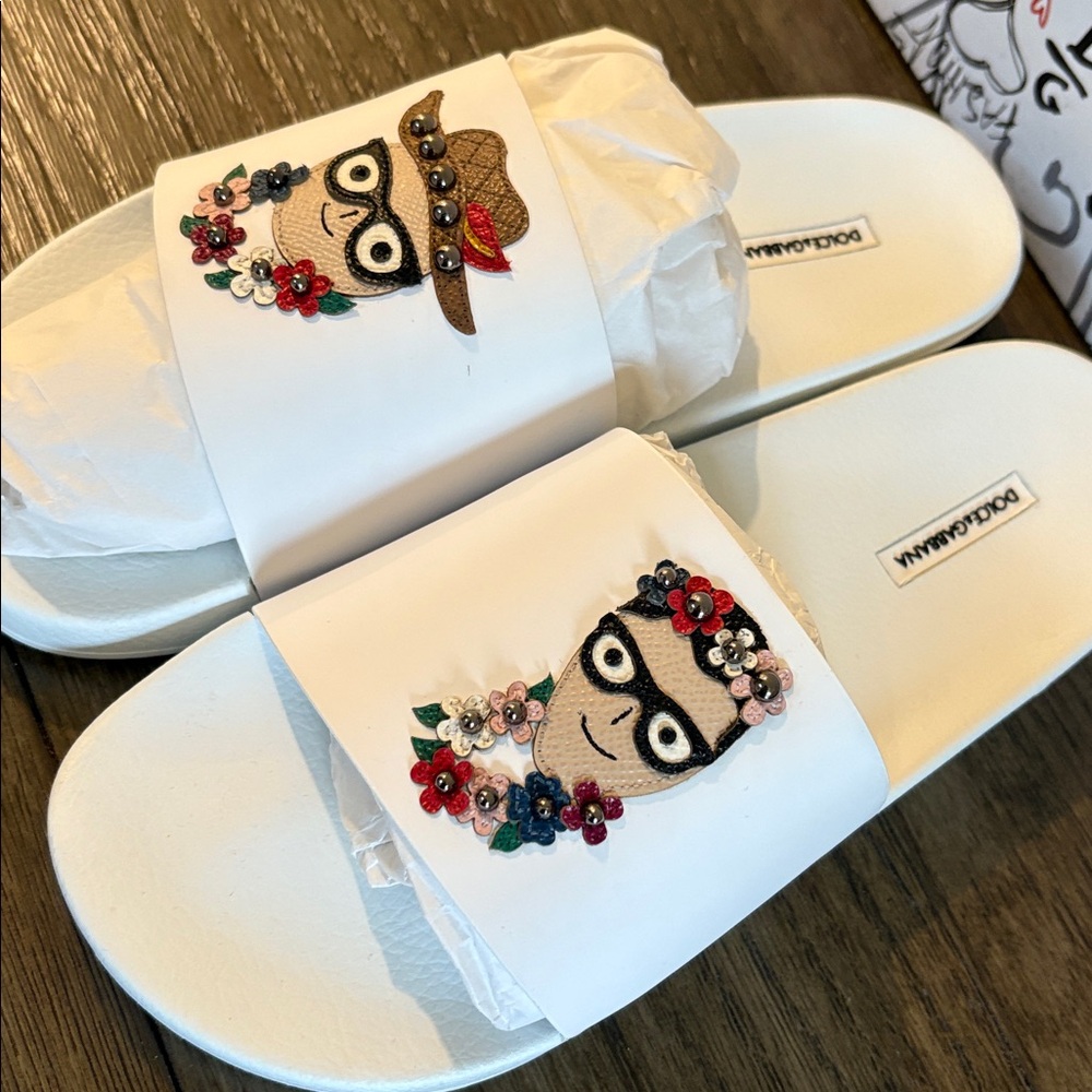 NIB [Dolce & Gabanna] Patches of the Designers Rubber/Calfskin Slides Mens US 10 - Picture 5 of 14
